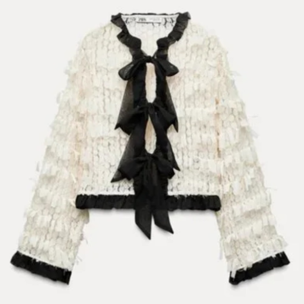 Zara Black and Cream Ruffle Blouse